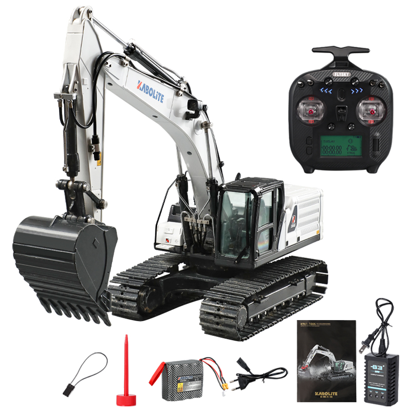 white rc excavator with a radio control and accessories