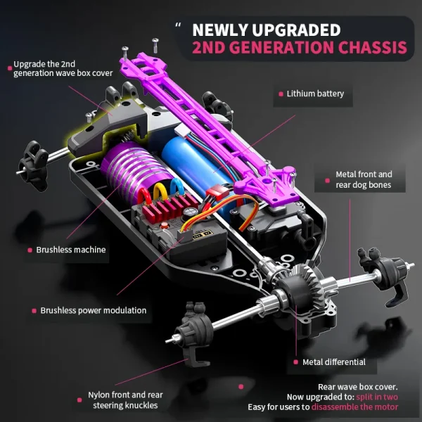 RC drift model chassis equipped with dog bone shafts, high performance brushless motor and metal differential