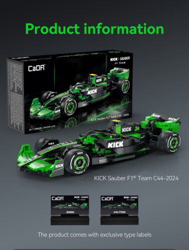 Sauber Kick F1 building toys model in 1/24 scale together with the drivers namecards Zhou and Valtteri