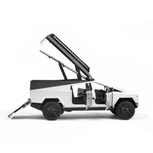 RC Tesla Cybertruck in white with open doors and trunk from sideview