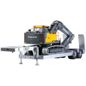 RC flatbed trailer with an excavator model on top of it