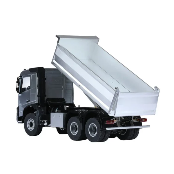 RC dump truck model with raised bed rear view