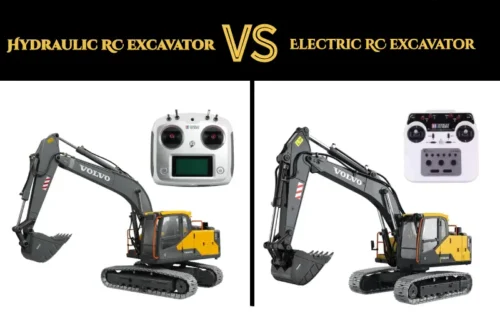 Double E RC hydraulic and electric excavators next to each other together with the remote controllers