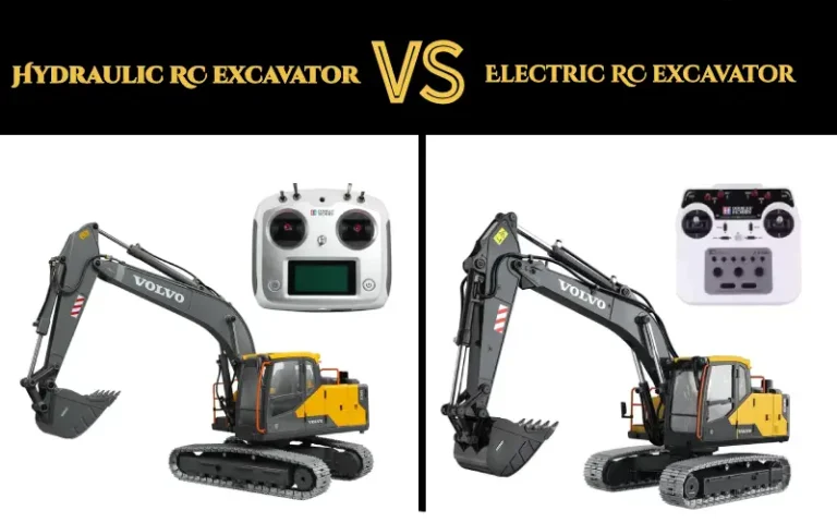Double E RC hydraulic and electric excavators next to each other together with the remote controllers