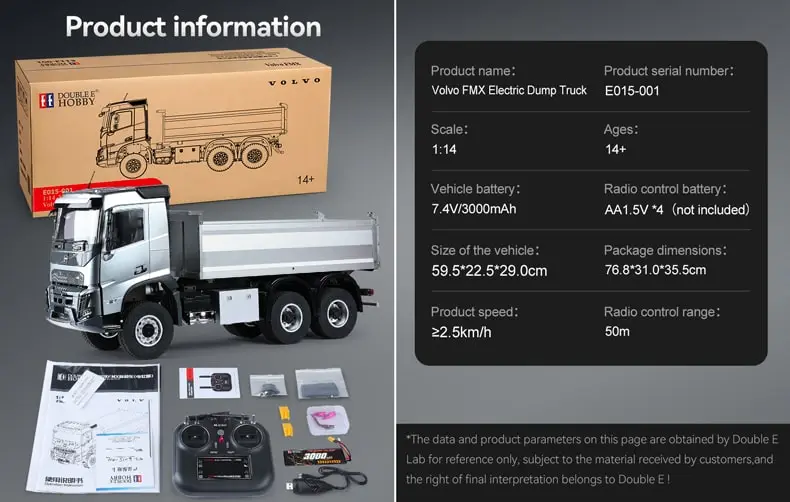 Double E E015 RC dump truck Volvo FMX specs