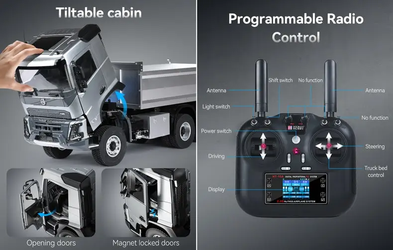 Double E E015 RC dump truck Volvo FMX tiltable cabin and programmable radio controller