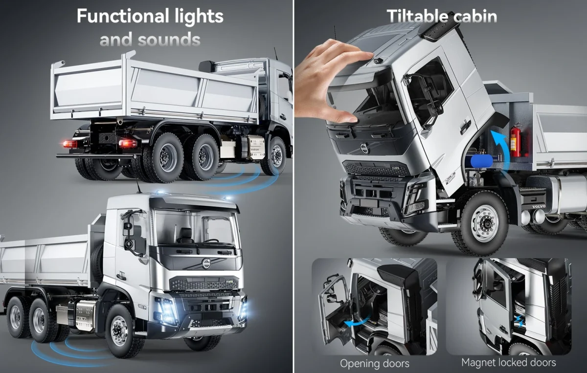 Double E E115 hydraulic RC dump truck Volvo FMX features